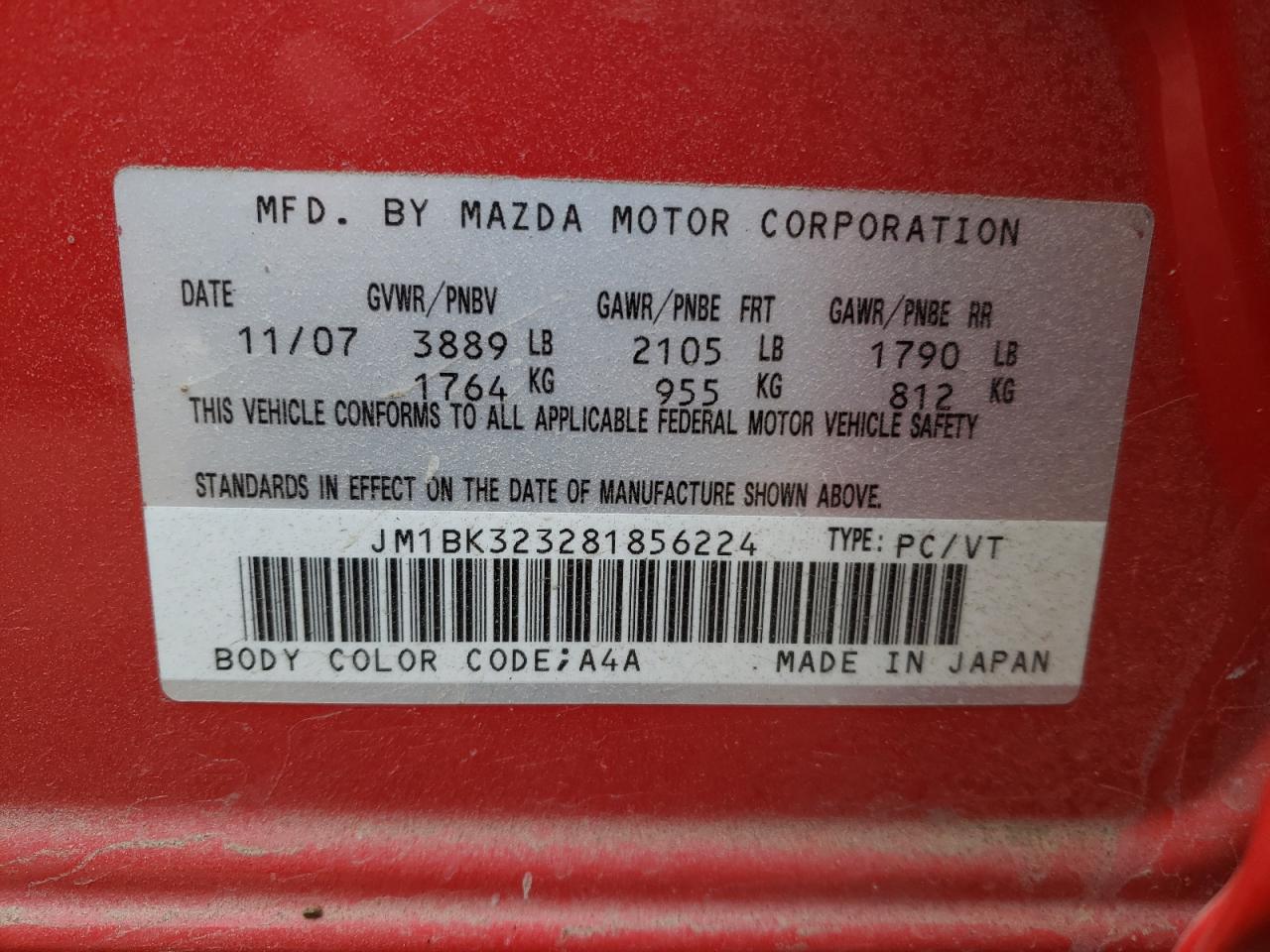 Photo 10 from auction – 2008 MAZDA 3 S with VIN JM1BK323281856224