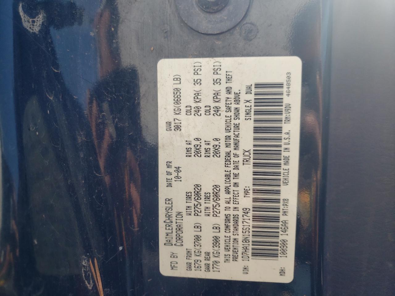 Photo 10 from auction – 2005 DODGE RAM 1500 S with VIN 1D7HA18N15S171749