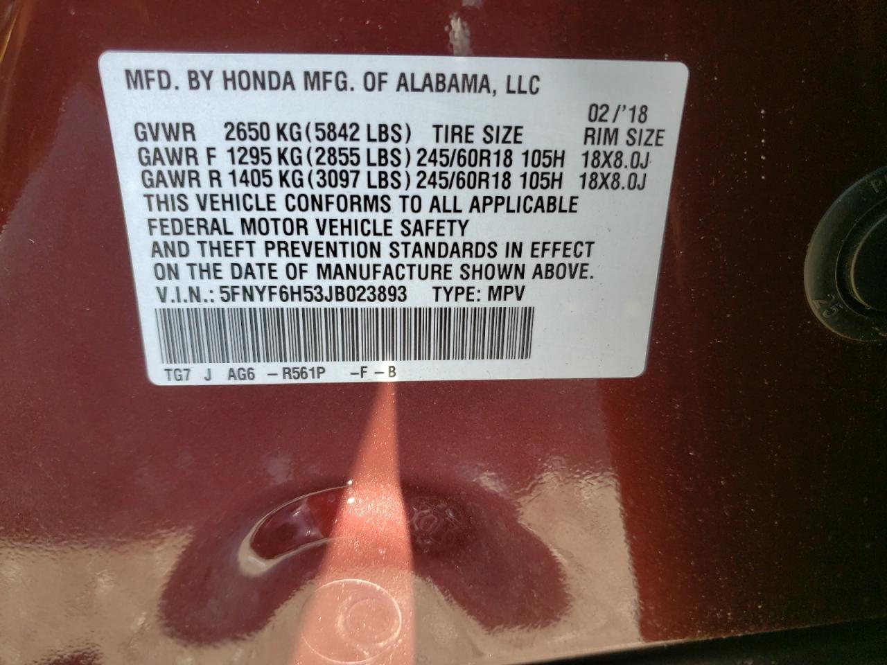 Photo 10 from auction – 2018 HONDA PILOT EXL with VIN 5FNYF6H53JB023893