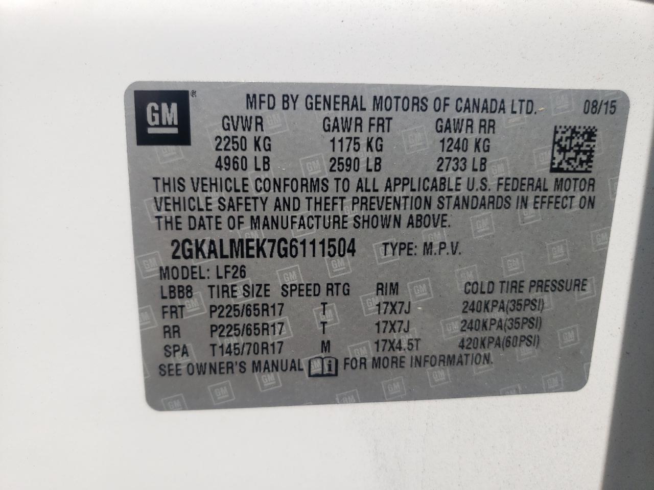 Photo 10 from auction – 2016 GMC TERRAIN SL with VIN 2GKALMEK7G6111504