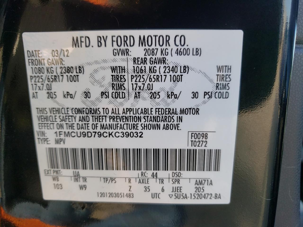 Photo 10 from auction – 2012 FORD ESCAPE XLT with VIN 1FMCU9D79CKC39032
