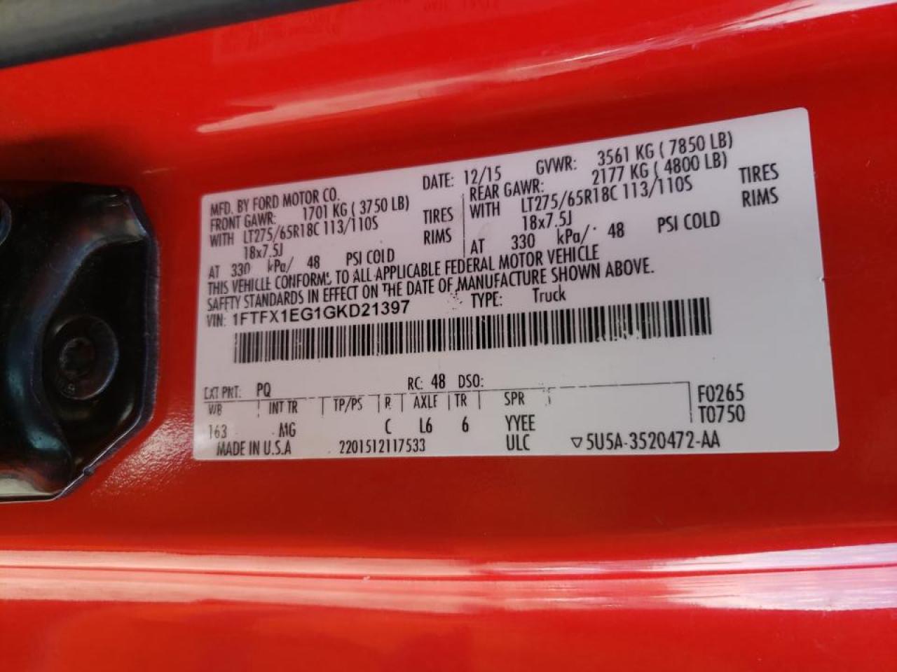 Photo 10 from auction – 2016 FORD F150 SUPER with VIN 1FTFX1EG1GKD21397