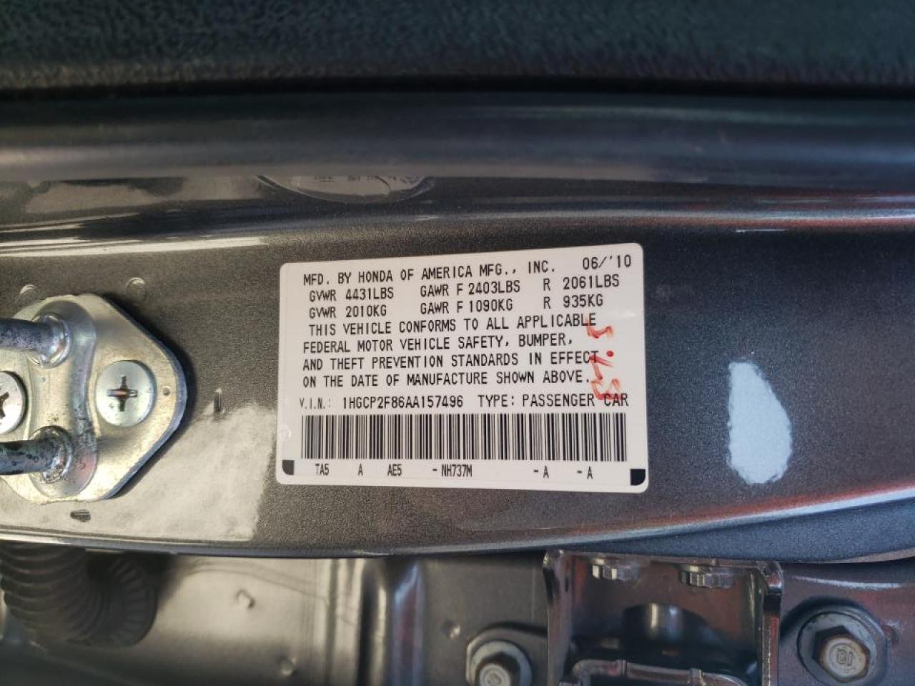 Photo 10 from auction – 2010 HONDA ACCORD EXL with VIN 1HGCP2F86AA157496