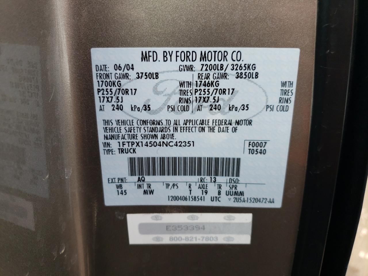 Photo 10 from auction – 2004 FORD F150 with VIN 1FTPX14504NC42351