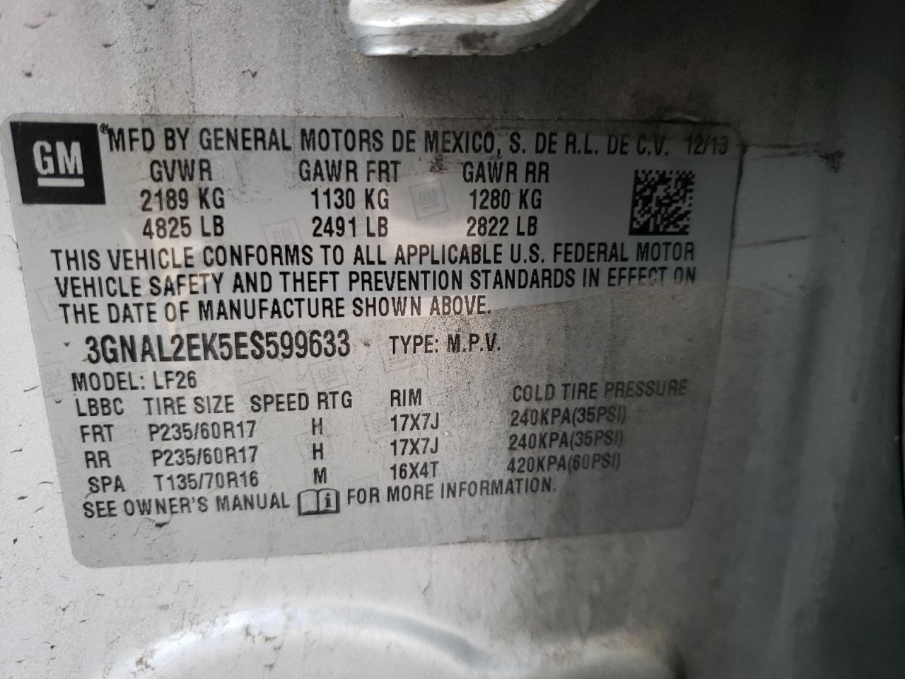 Photo 10 from auction – 2014 CHEVROLET CAPTIVA LS with VIN 3GNAL2EK5ES599633