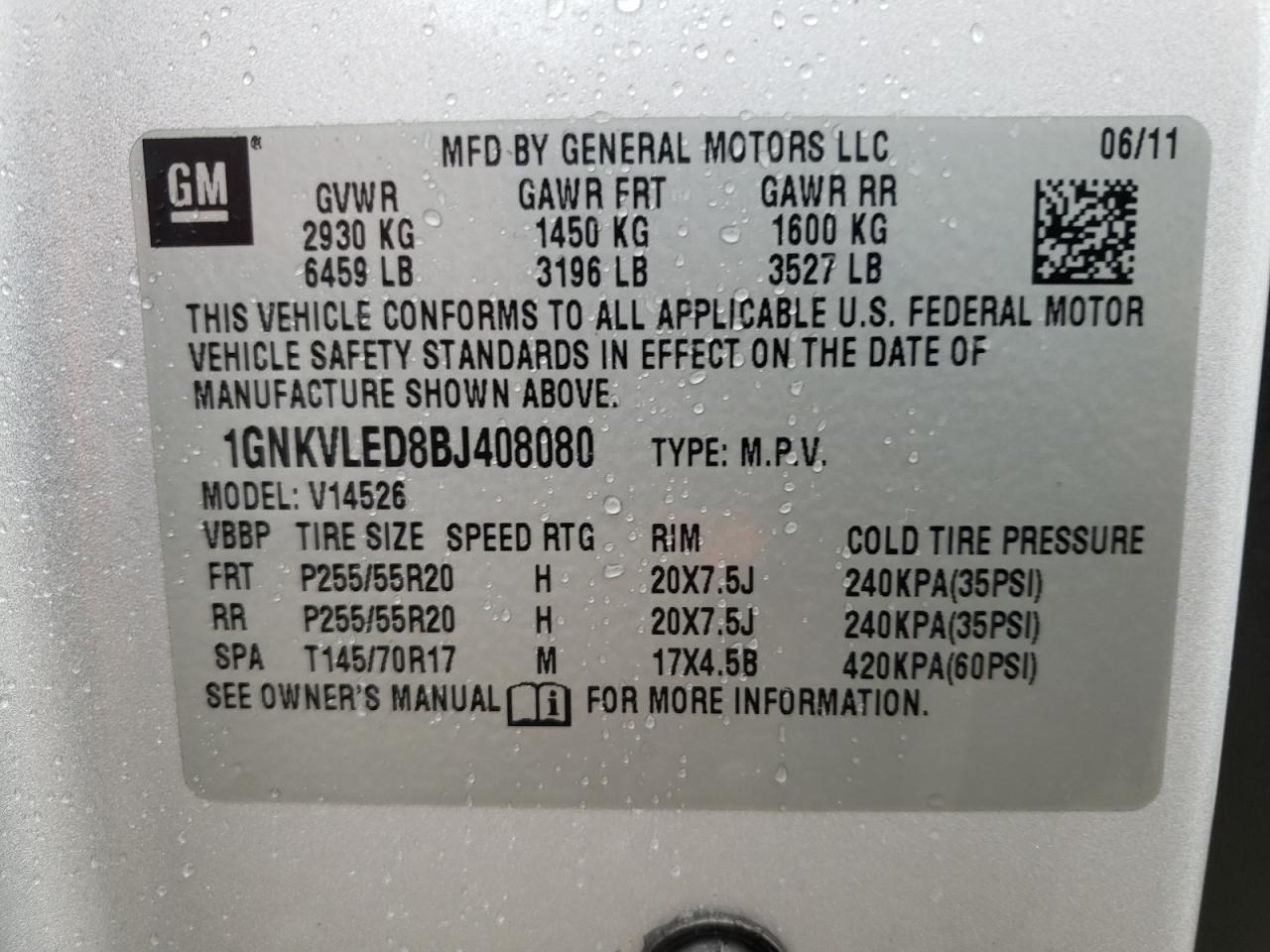 Photo 10 from auction – 2011 CHEVROLET TRAVERSE L with VIN 1GNKVLED8BJ408080