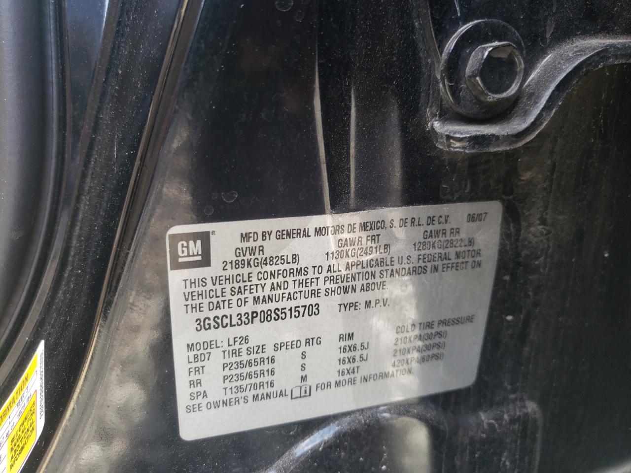 Photo 10 from auction – 2008 SATURN VUE XE with VIN 3GSCL33P08S515703