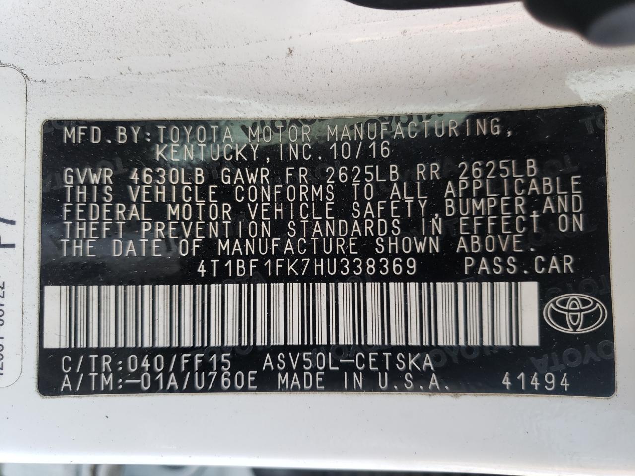 Photo 10 from auction – 2017 TOYOTA CAMRY with VIN 4T1BF1FK7HU338369