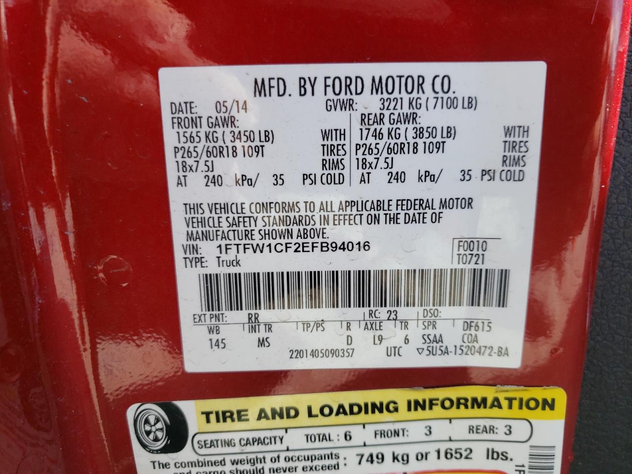 Photo 10 from auction – 2014 FORD F150 SUPER with VIN 1FTFW1CF2EFB94016