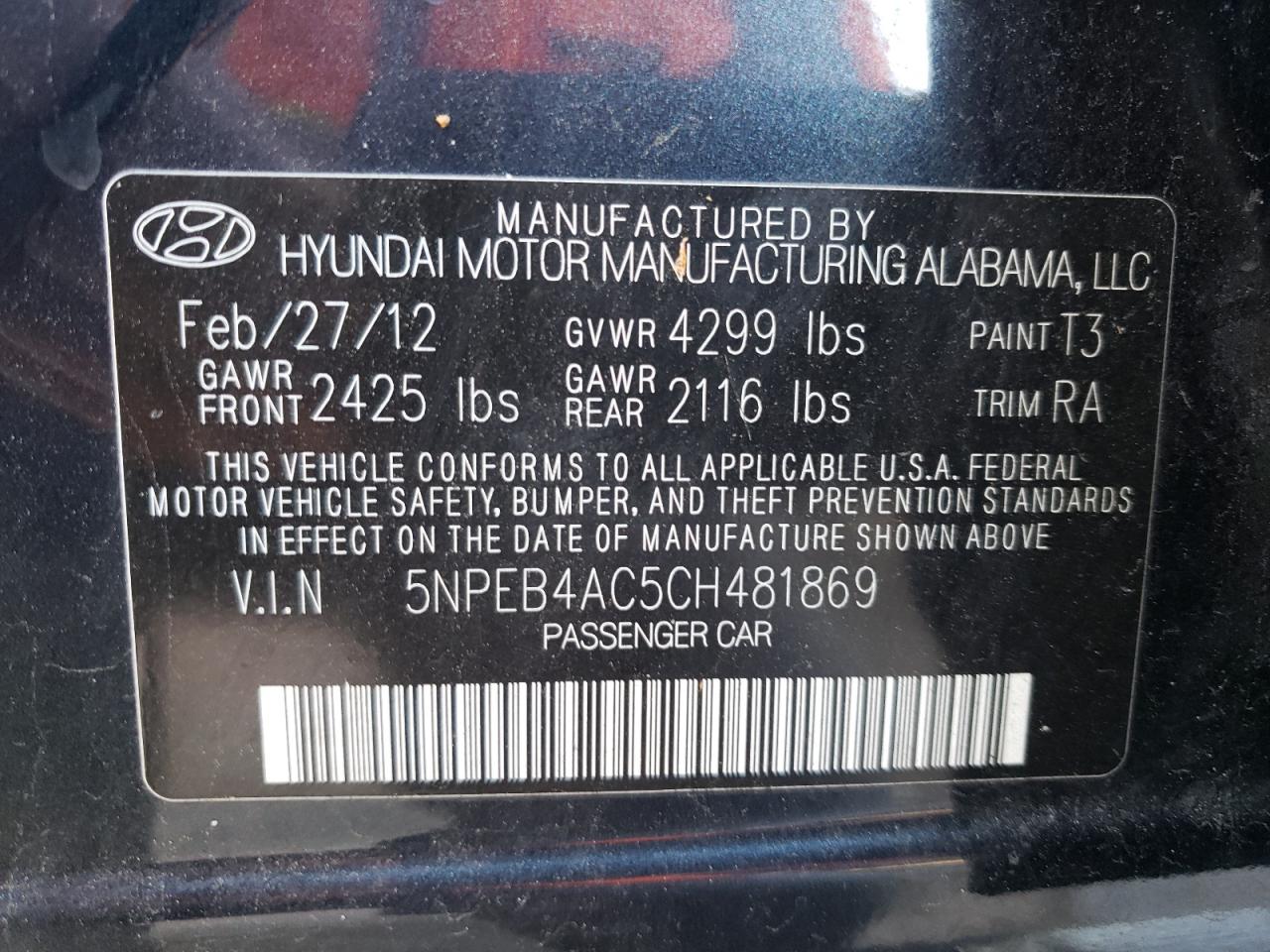 Photo 10 from auction – 2012 HYUNDAI SONATA GLS with VIN 5NPEB4AC5CH481869