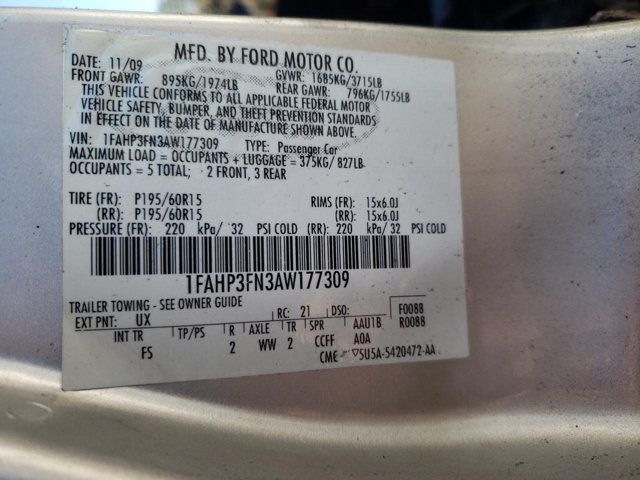 Photo 10 from auction – 2010 FORD FOCUS SE with VIN 1FAHP3FN3AW177309
