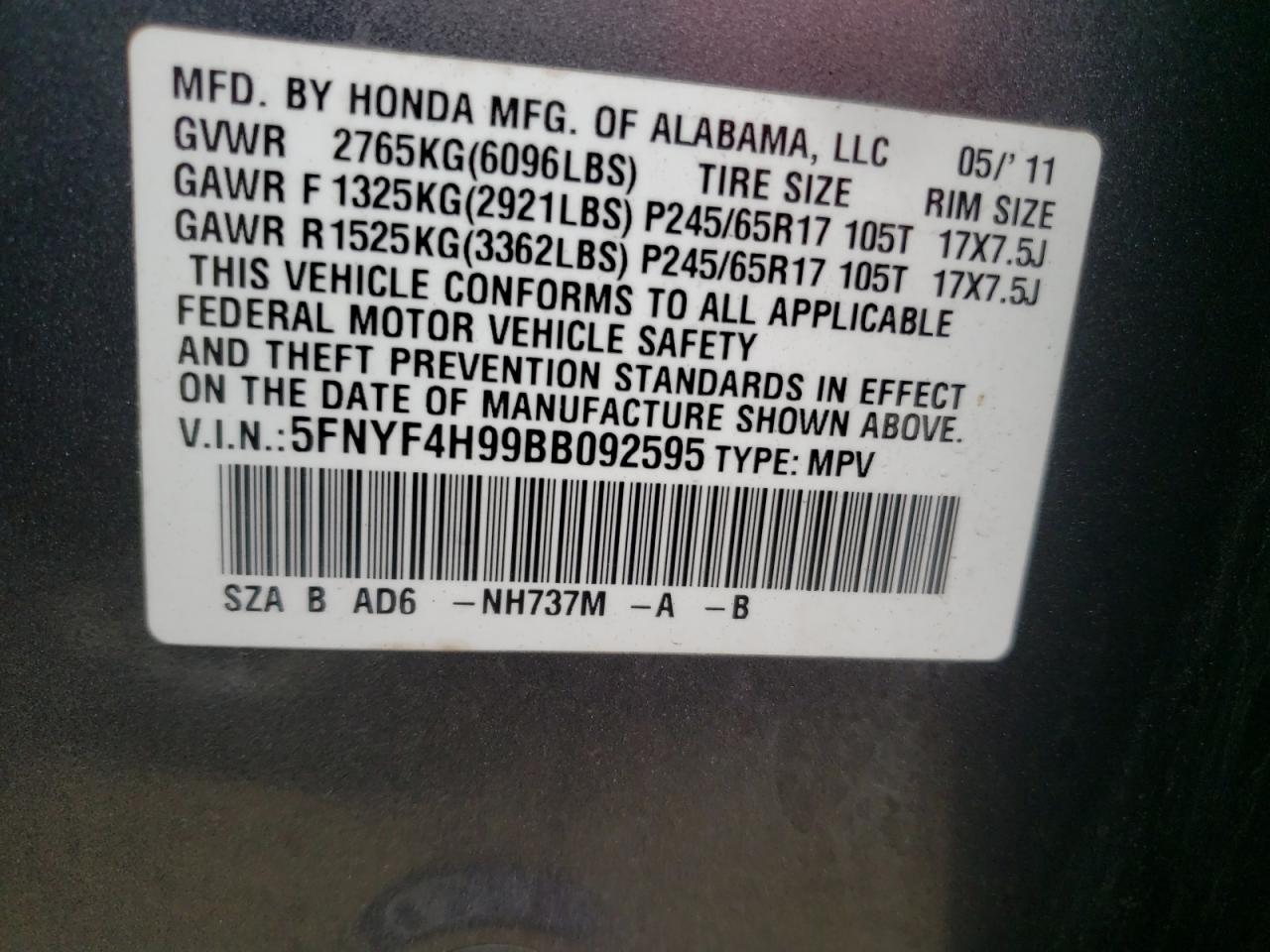 Photo 10 from auction – 2011 HONDA PILOT TOUR with VIN 5FNYF4H99BB092595