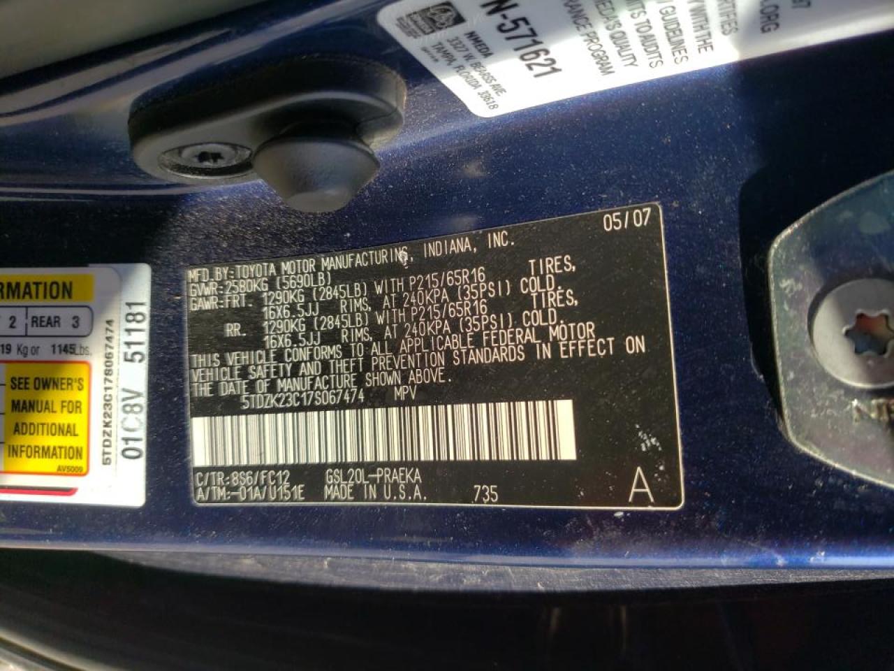 Photo 10 from auction – 2007 TOYOTA SIENNA CE with VIN 5TDZK23C17S067474