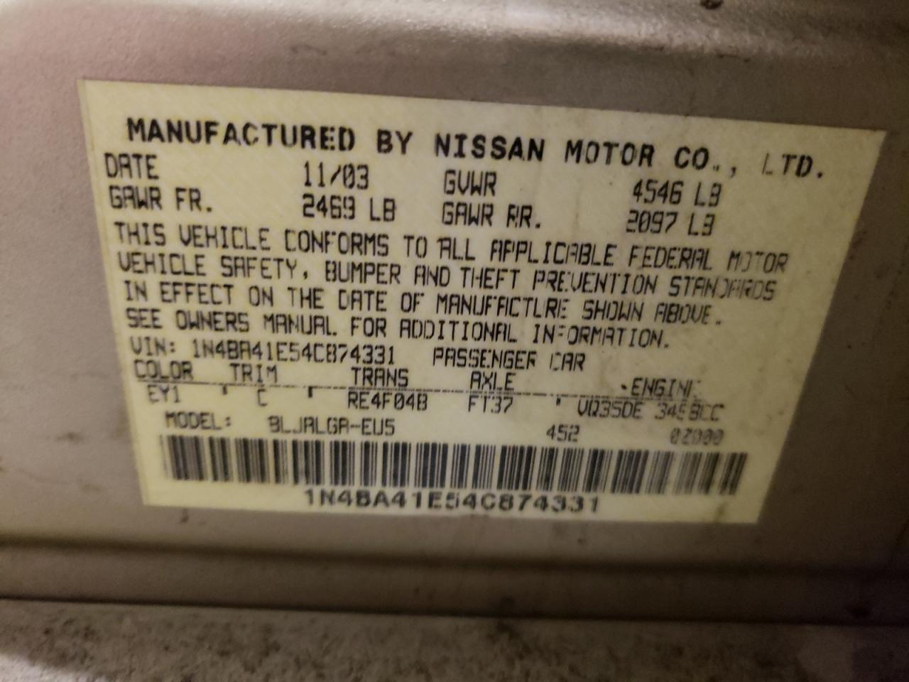 Photo 10 from auction – 2004 NISSAN MAXIMA SE with VIN 1N4BA41E54C874331