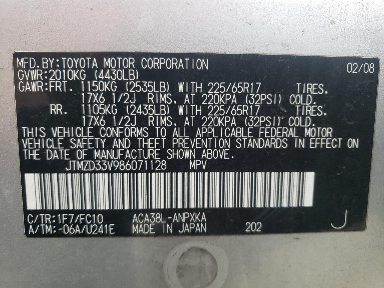 Photo 10 from auction – 2008 TOYOTA RAV4 with VIN JTMZD33V986071128