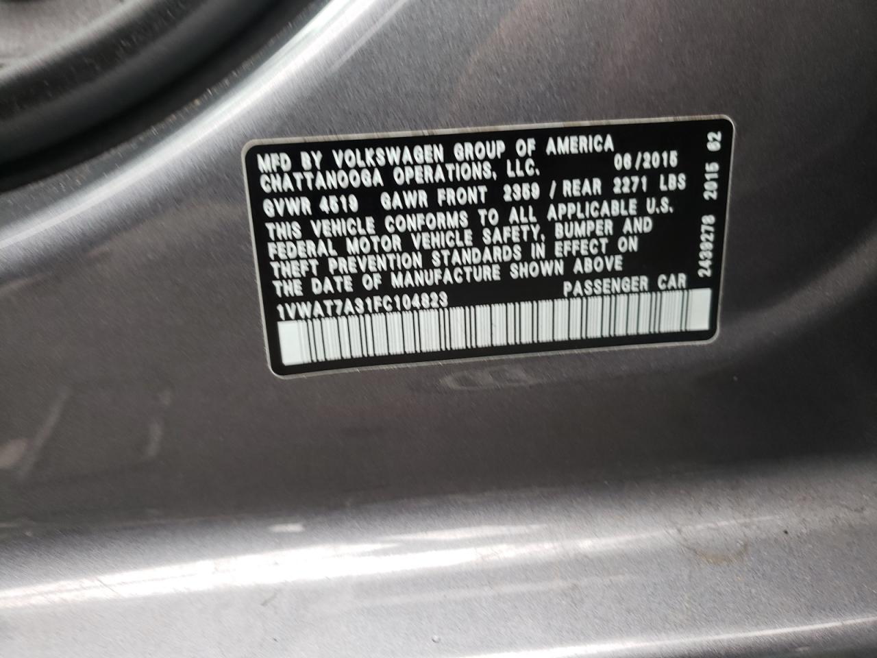 Photo 10 from auction – 2015 VOLKSWAGEN PASSAT S with VIN 1VWAT7A31FC104823