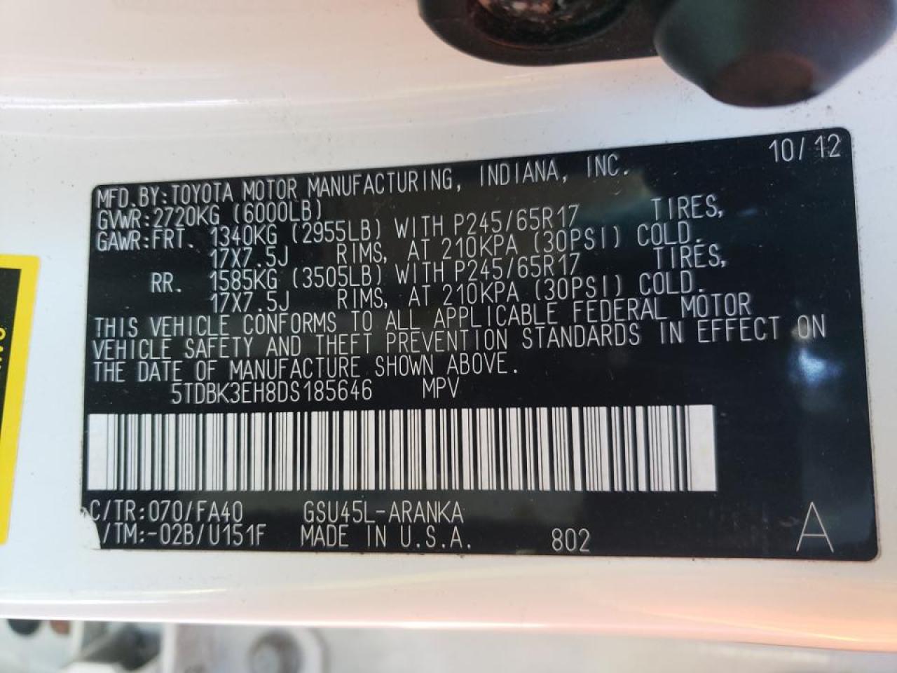 Photo 10 from auction – 2013 TOYOTA HIGHLANDER with VIN 5TDBK3EH8DS185646