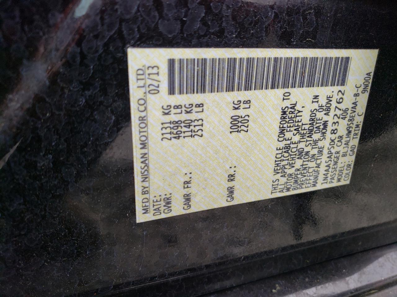 Photo 10 from auction – 2013 NISSAN MAXIMA S with VIN 1N4AA5AP5DC832762