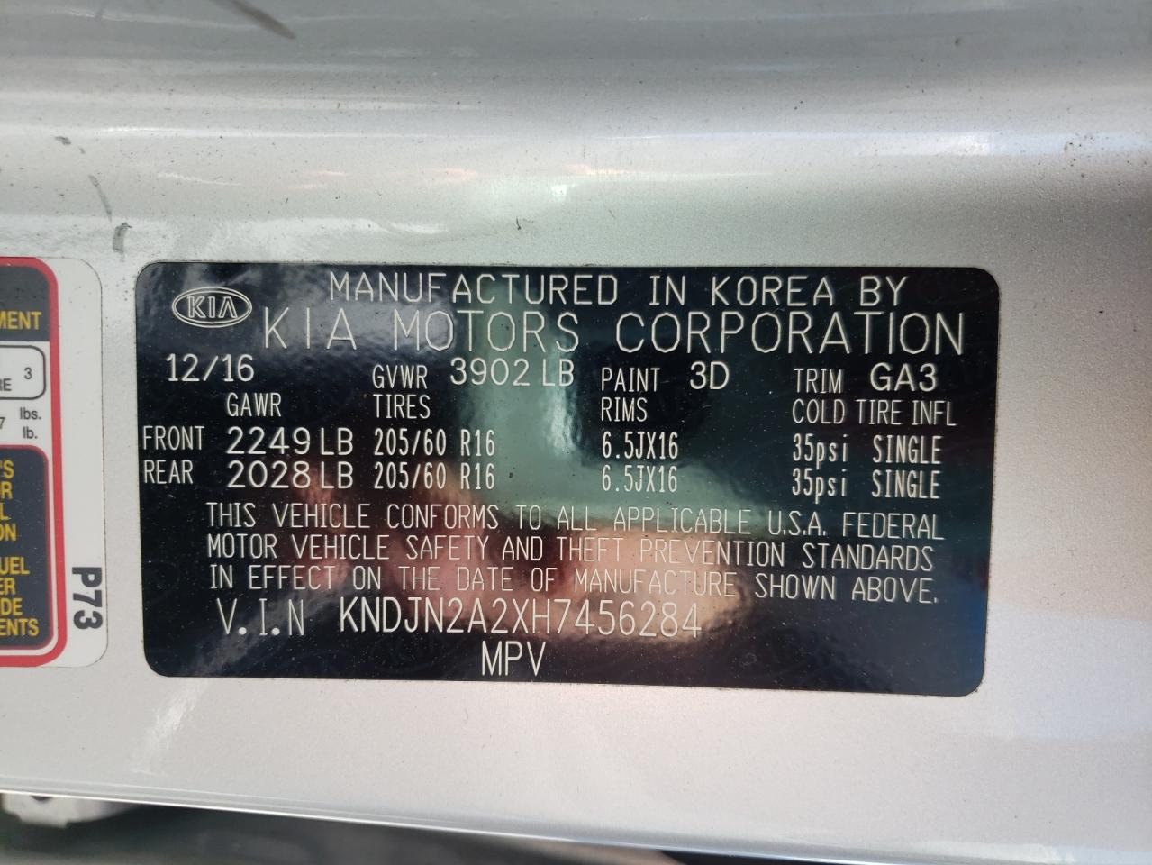 Photo 10 from auction – 2017 KIA SOUL with VIN KNDJN2A2XH7456284