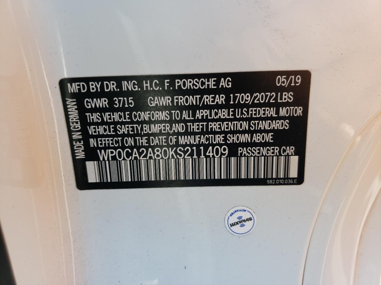 Photo 10 from auction – 2019 PORSCHE BOXSTER BA with VIN WP0CA2A80KS211409