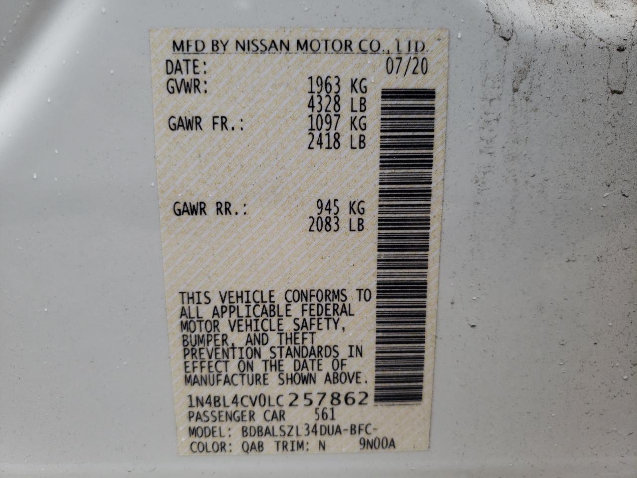Photo 10 from auction – 2020 NISSAN ALTIMA SR with VIN 1N4BL4CV0LC257862