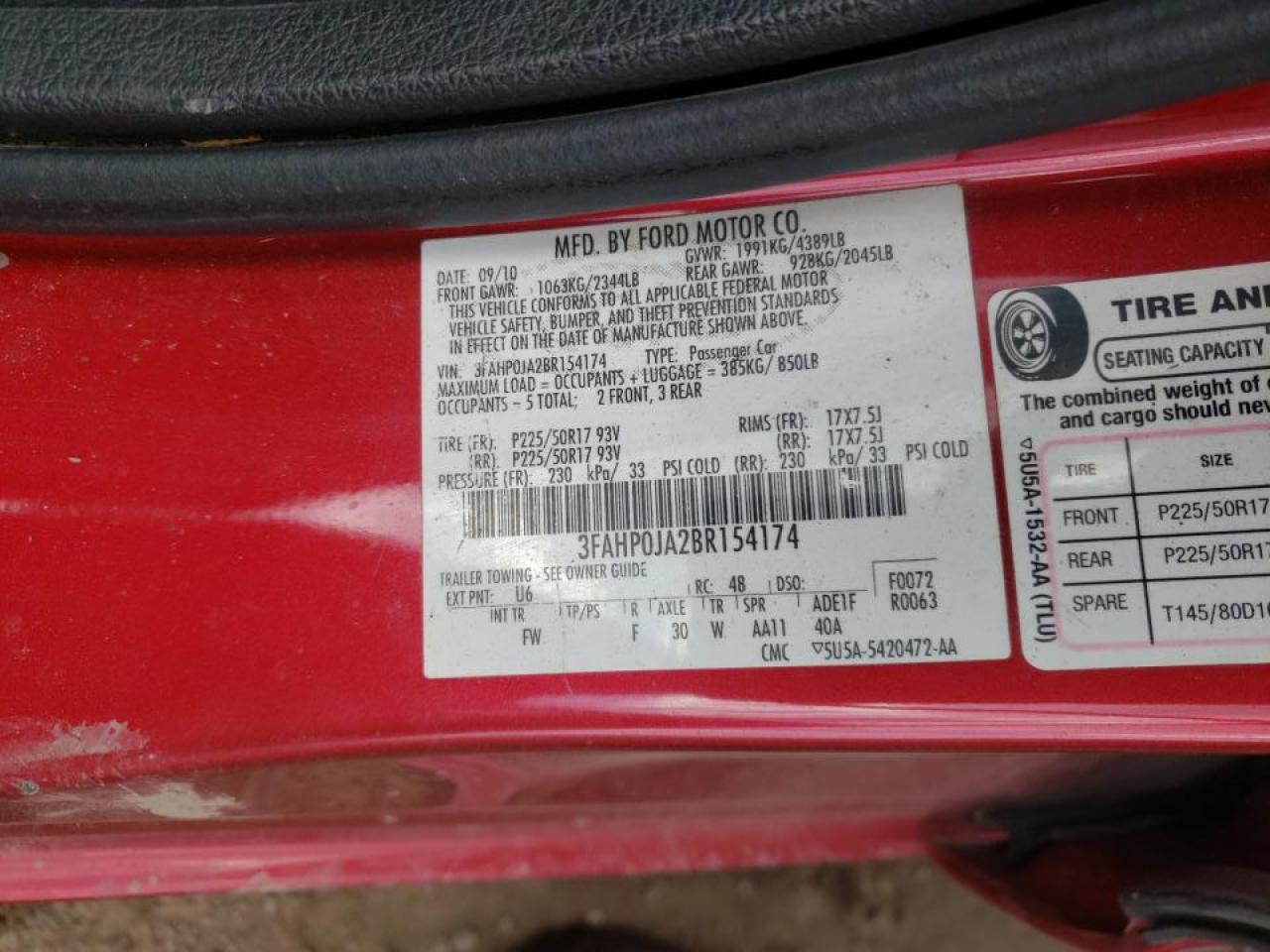Photo 10 from auction – 2011 FORD FUSION SEL with VIN 3FAHP0JA2BR154174