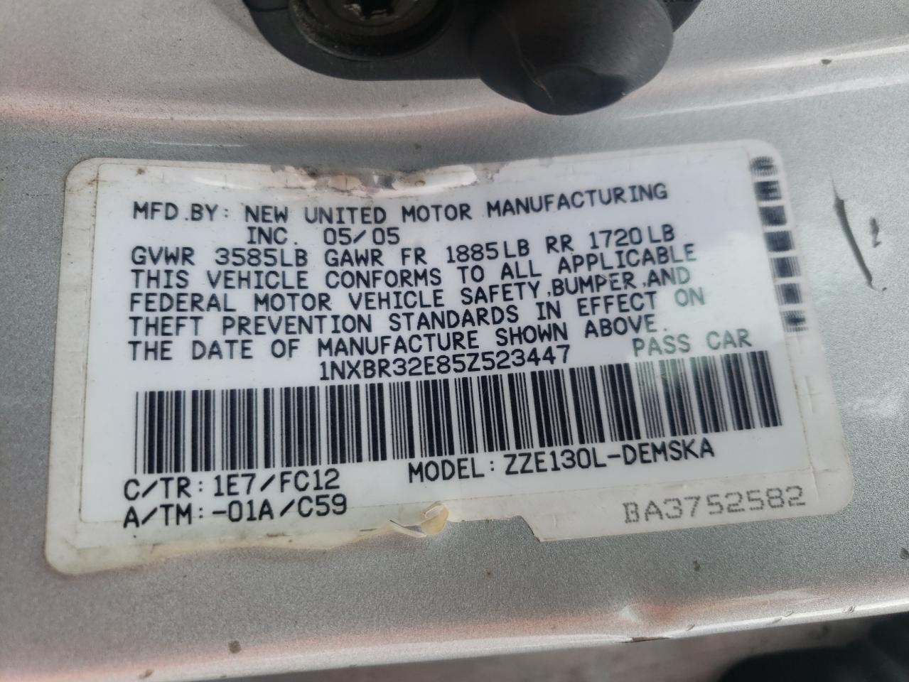 Photo 10 from auction – 2005 TOYOTA COROLLA CE with VIN 1NXBR32E85Z523447