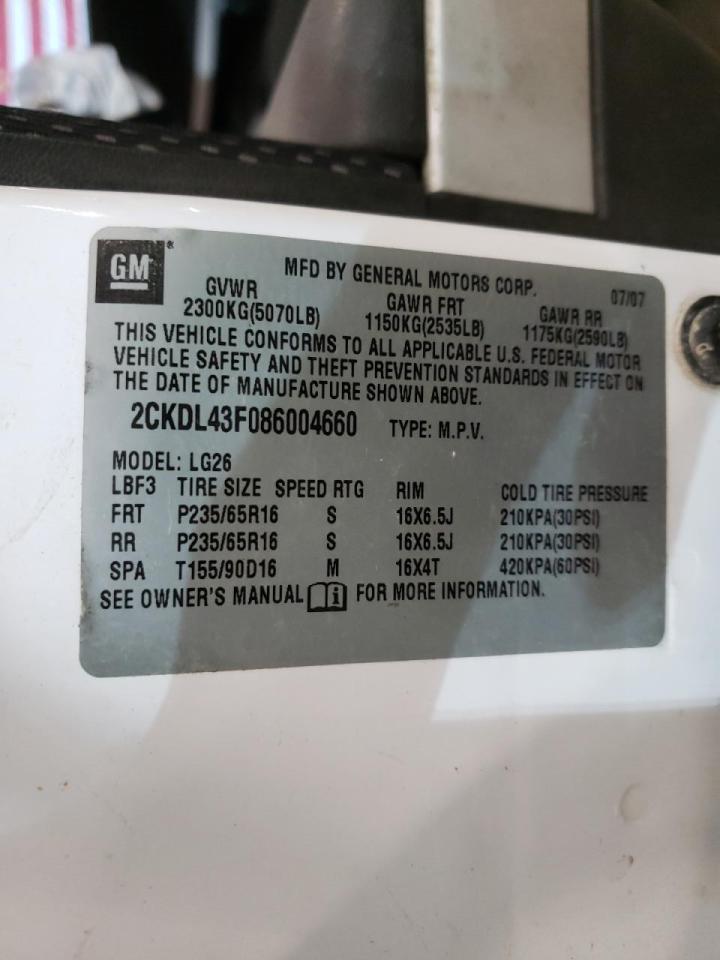 Photo 10 from auction – 2008 PONTIAC TORRENT with VIN 2CKDL43F086004660