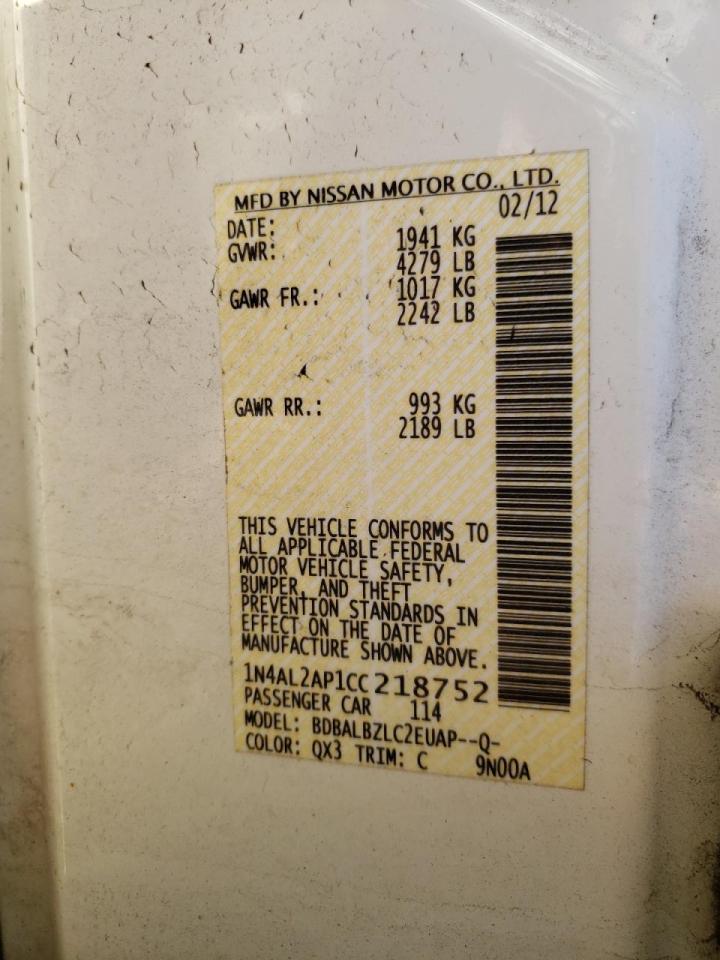 Photo 10 from auction – 2012 NISSAN ALTIMA BAS with VIN 1N4AL2AP1CC218752