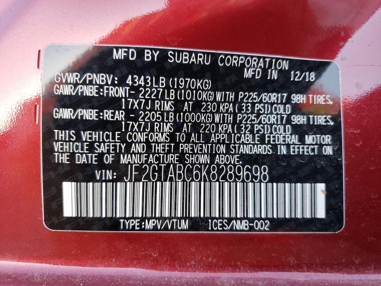 Photo 10 from auction – 2019 SUBARU CROSSTREK with VIN JF2GTABC6K8289698