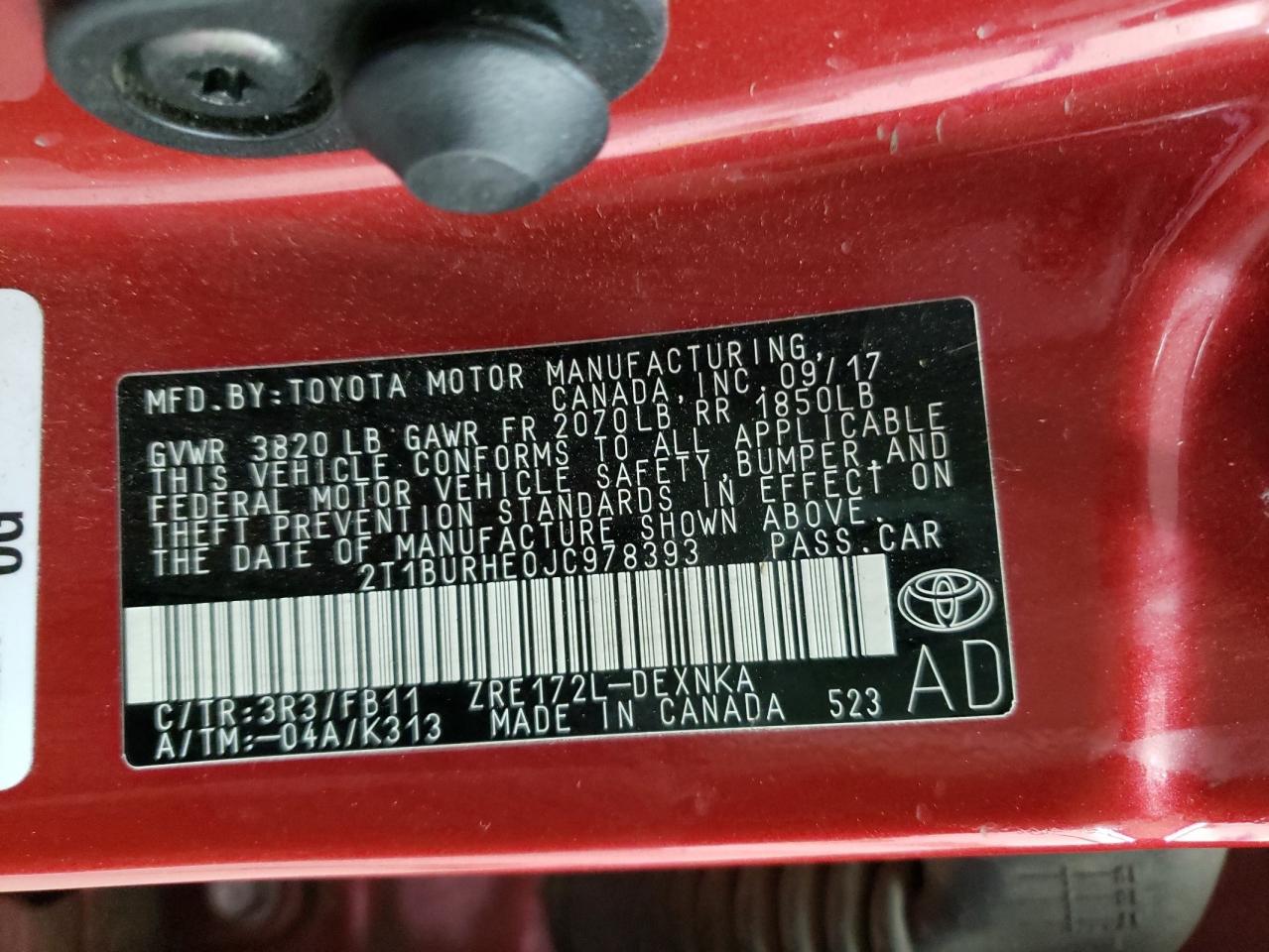 Photo 10 from auction – 2018 TOYOTA COROLLA L with VIN 2T1BURHE0JC978393