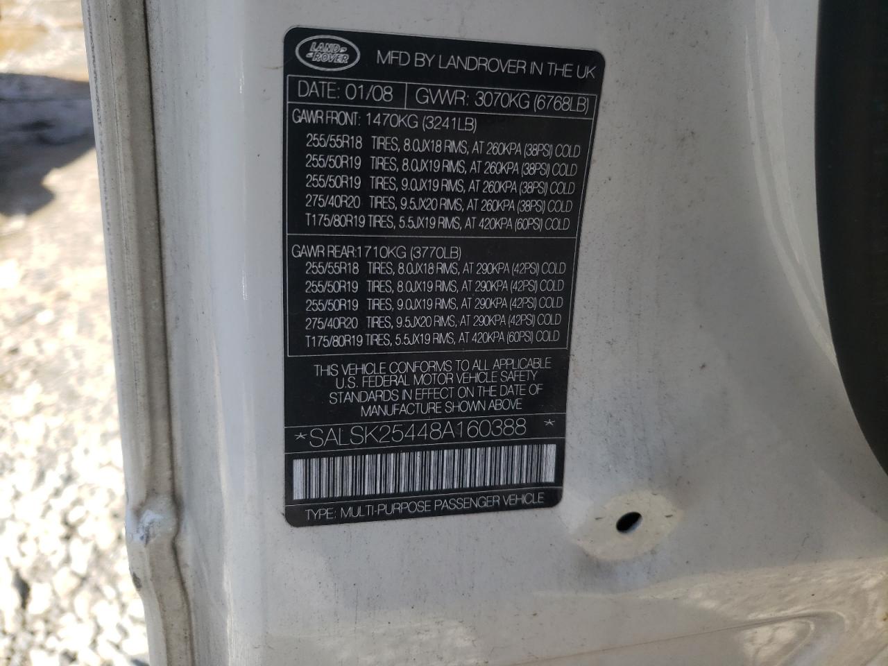 Photo 10 from auction – 2008 LAND ROVER RANGE ROVE with VIN SALSK25448A160388
