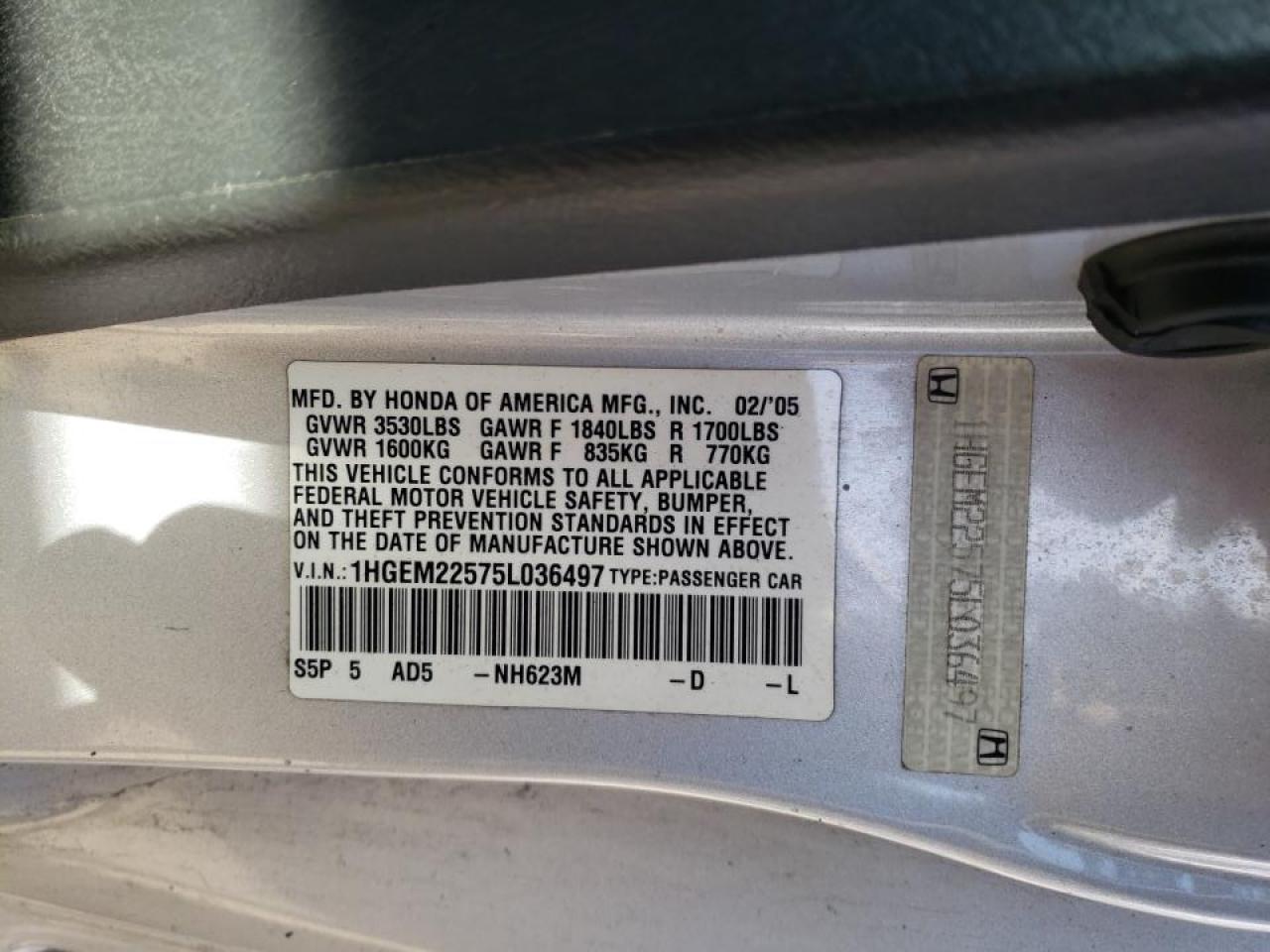 Photo 10 from auction – 2005 HONDA CIVIC LX with VIN 1HGEM22575L036497