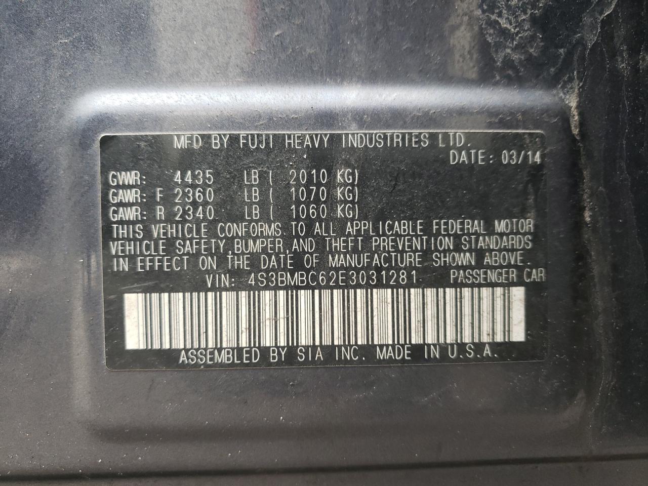 Photo 10 from auction – 2014 SUBARU LEGACY 2.5 with VIN 4S3BMBC62E3031281
