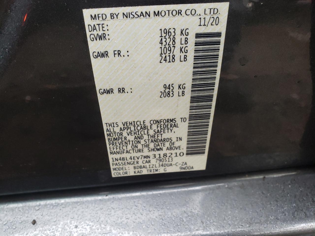 Photo 10 from auction – 2021 NISSAN ALTIMA SL with VIN 1N4BL4EV7MN318210