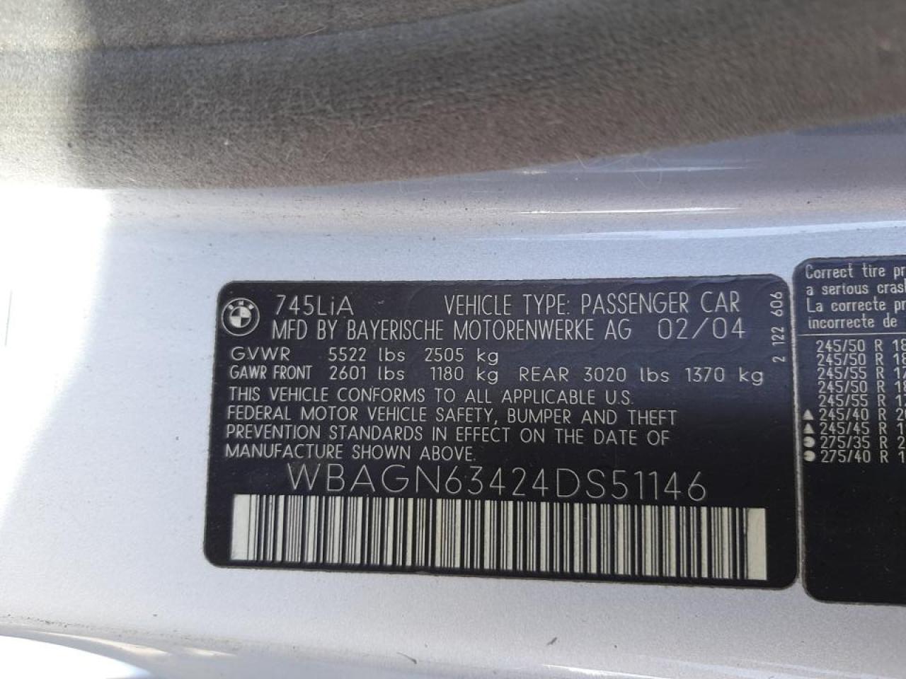 Photo 10 from auction – 2004 BMW 745 LI with VIN WBAGN63424DS51146