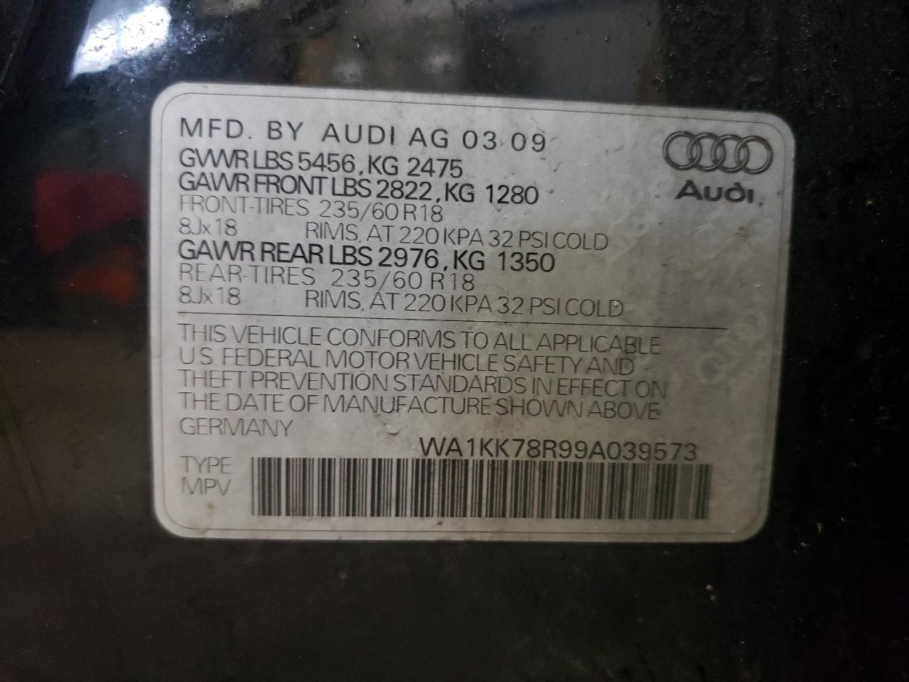Photo 10 from auction – 2009 AUDI Q5 3.2 with VIN WA1KK78R99A039573