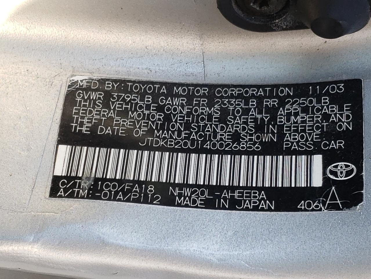 Photo 10 from auction – 2004 TOYOTA PRIUS with VIN JTDKB20U140026856