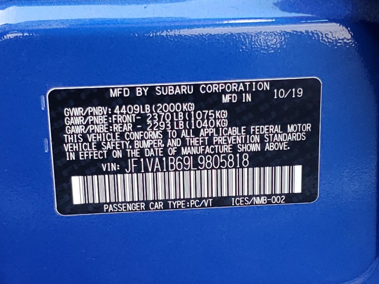 Photo 10 from auction – 2020 SUBARU WRX PREMIU with VIN JF1VA1B69L9805818