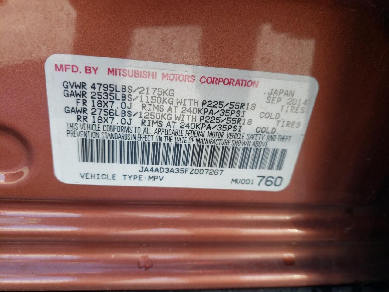 صورة رقم 10 من المزاد - 2015 MITSUBISHI OUTLANDER مع VIN JA4AD3A35FZ007267