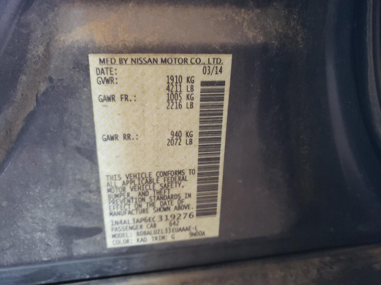 Photo 10 from auction – 2014 NISSAN ALTIMA 2.5 with VIN 1N4AL3AP6EC319276
