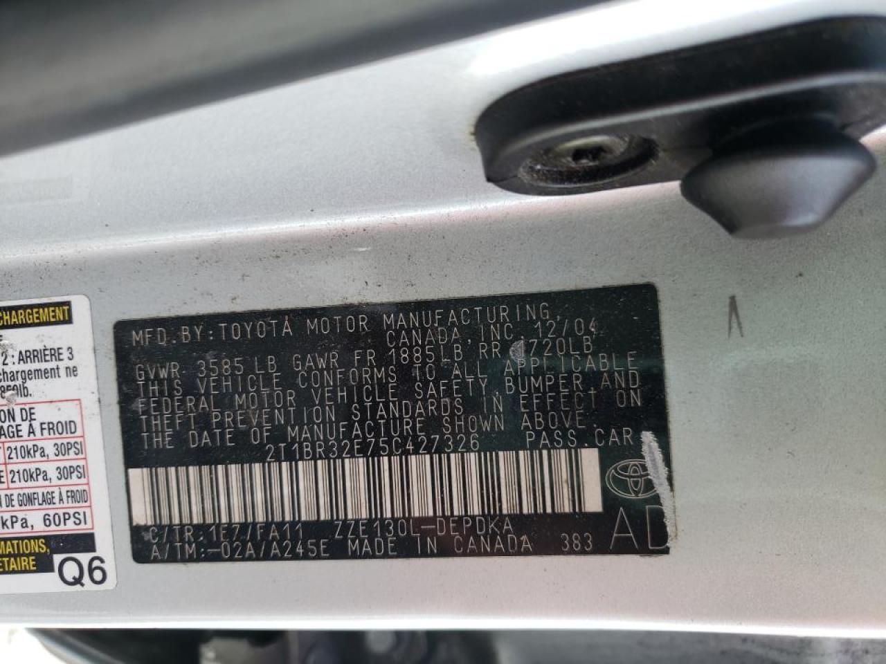 Photo 10 from auction – 2005 TOYOTA COROLLA CE with VIN 2T1BR32E75C427326