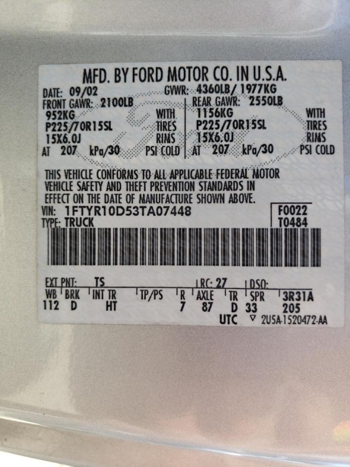 Photo 10 from auction – 2003 FORD RANGER with VIN 1FTYR10D53TA07448