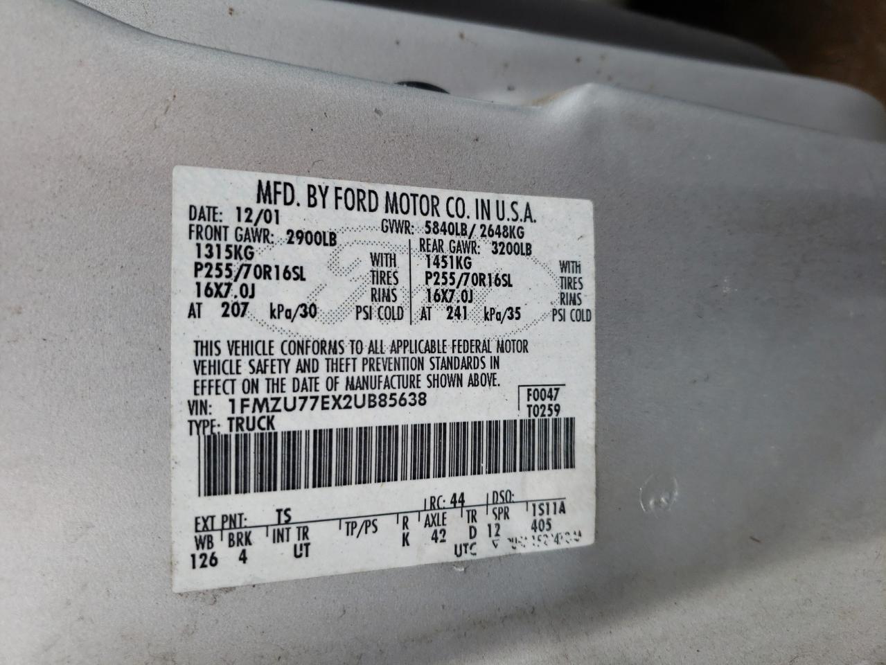 Photo 10 from auction – 2002 FORD EXPLORER S with VIN 1FMZU77EX2UB85638