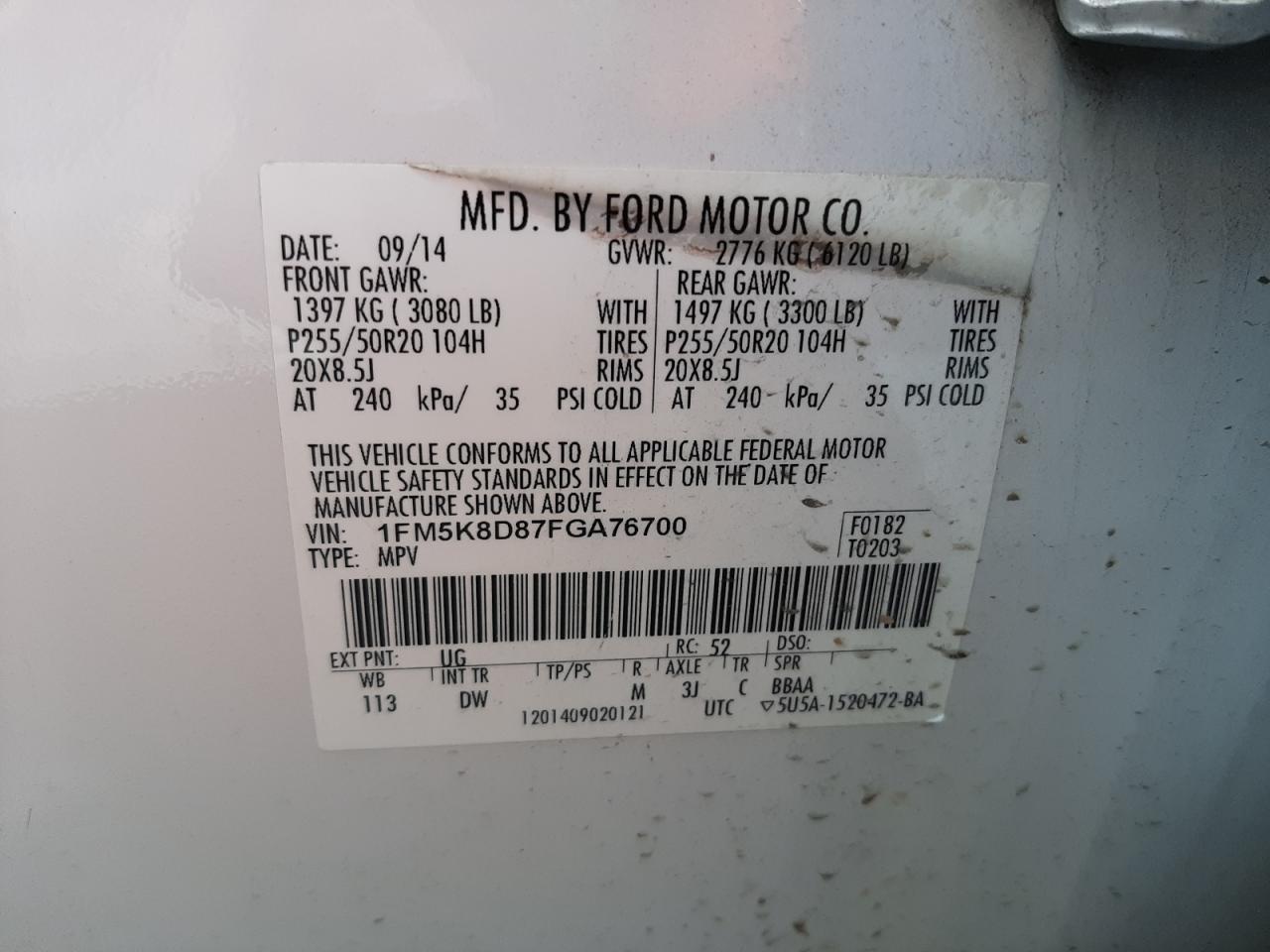 Photo 10 from auction – 2015 FORD EXPLORER X with VIN 1FM5K8D87FGA76700