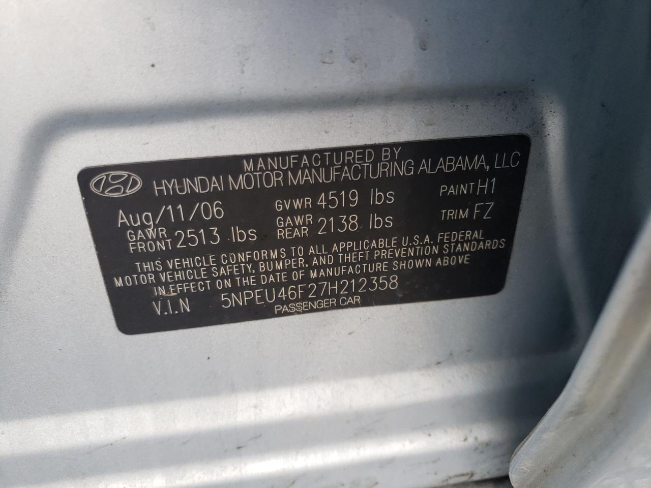 Photo 10 from auction – 2007 HYUNDAI SONATA SE with VIN 5NPEU46F27H212358