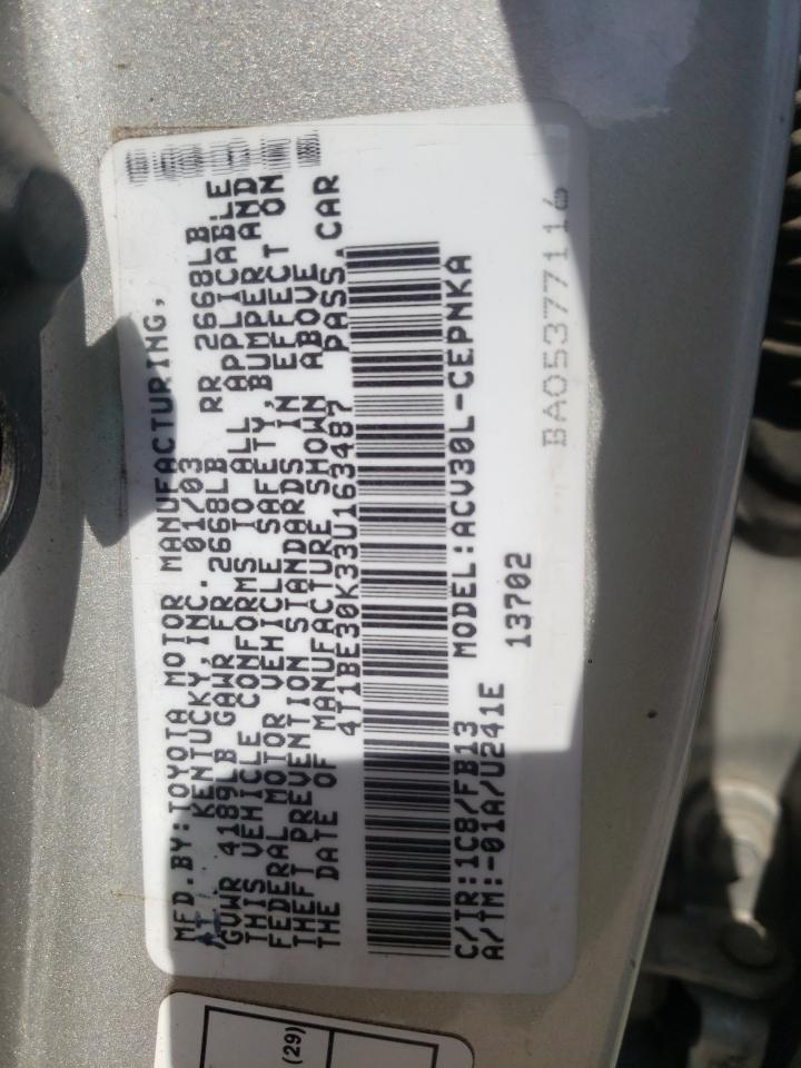 Photo 10 from auction – 2003 TOYOTA CAMRY LE with VIN 4T1BE30K33U163487