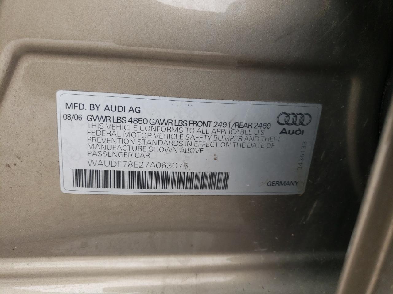Photo 10 from auction – 2007 AUDI A4 2.0T QU with VIN WAUDF78E27A063076