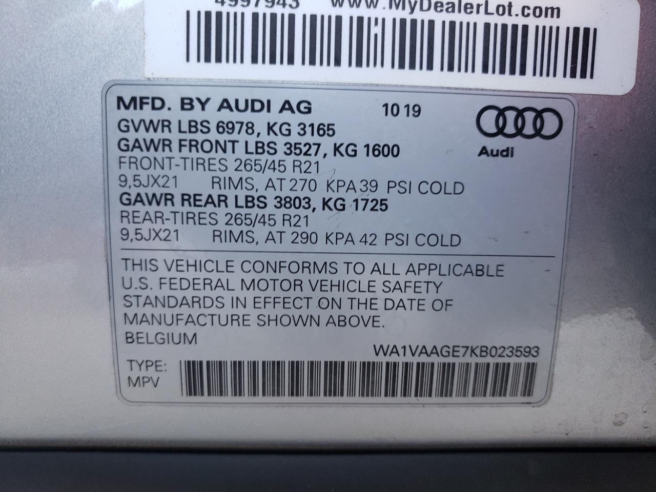 Photo 10 from auction – 2019 AUDI E-TRON PRE with VIN WA1VAAGE7KB023593