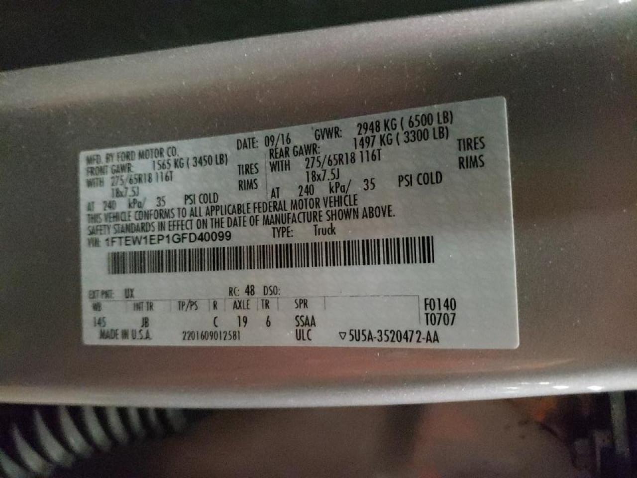 Photo 10 from auction – 2016 FORD F150 SUPER with VIN 1FTEW1EP1GFD40099